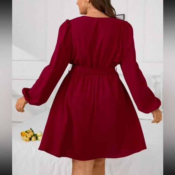 Plus size burgundy surplice neck lantern sleeve belted dress - Picture 5 of 15